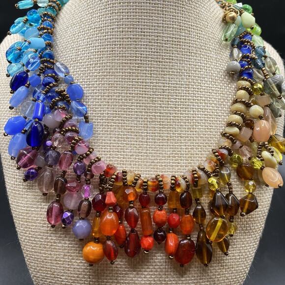 Chicos Rainbow Glass Beaded Necklace Fringe Multicolor Rainbow Statement - Picture 1 of 7